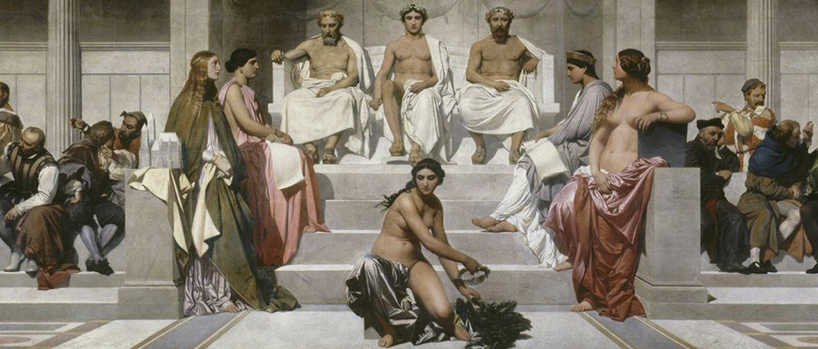 Paul Delaroche, L’Hémicycle du Palais des Beaux-Arts :  l'assemblée des artistes les plus célèbres réunie autour du Génie des Arts distribuant des couronnes, 1837-1841, Cire et huile, 390 x 2470 cm