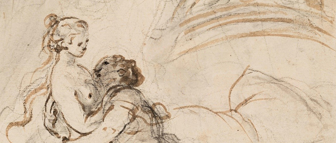 Alcine retrouve Roger dans sa chambre, vers 1780 Pierre noire et lavis de bistre, 38,5 x 23,5 cm © Beaux-Arts de Paris