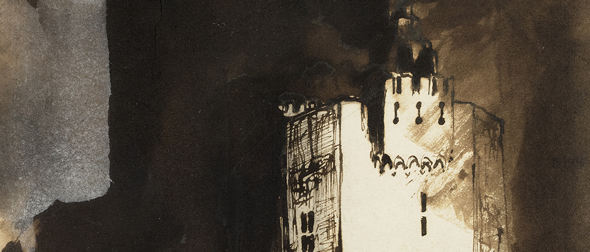 Le Château de Corbus, 1860 Lavis brun et encre de Chine, gouache blanche et rouge, 23 x 15 cm © Beaux-Arts de Paris