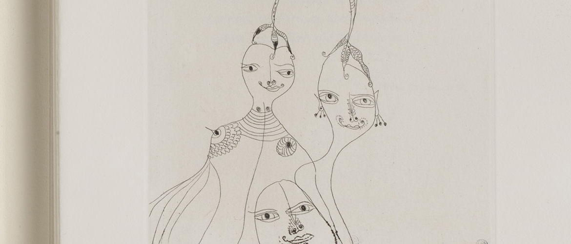 Oracles et spectacles, Paris, Georges Visat. 1967, n° 8/120, livre d’artiste, 12 feuillets non reliés réunissant quatorze poèmes anagrammes illustrés de huit eaux-fortes (1966) sur vélin de rives, huit eaux-fortes hors texte sur papier nacre japon de couleur ; Postscriptum et frontispice à la pointe sèche signé Hans Bellmer, 4° 50082