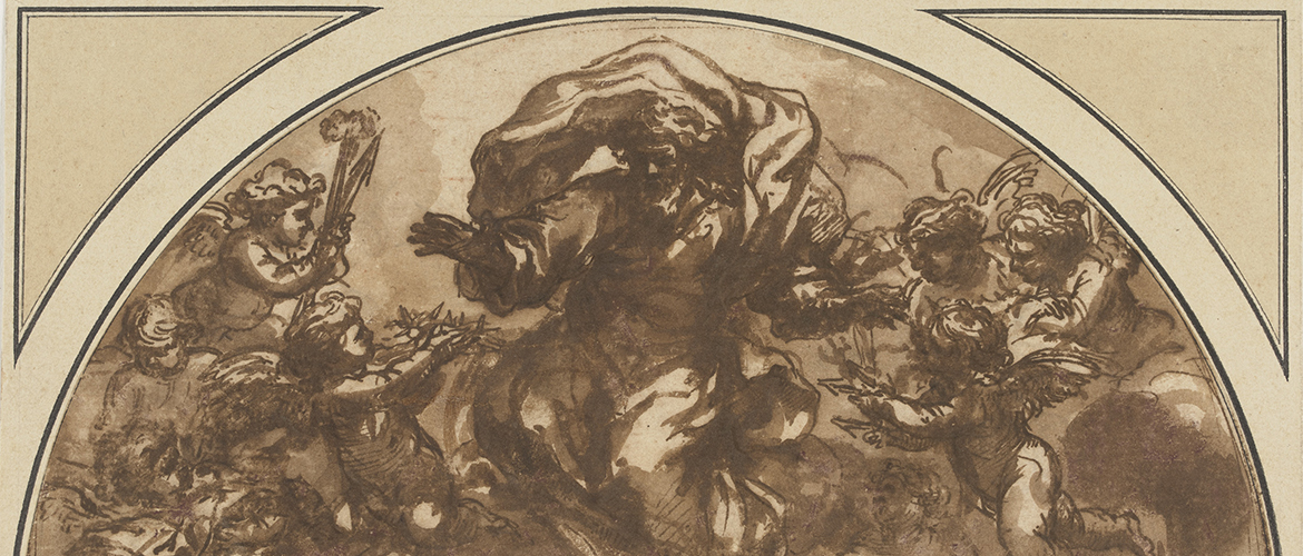 Dieu le Père entouré d’anges tenant les instruments de la Passion, plume, encre brune, lavis brun, 13,6 x 24,5 cm, EBA 11273