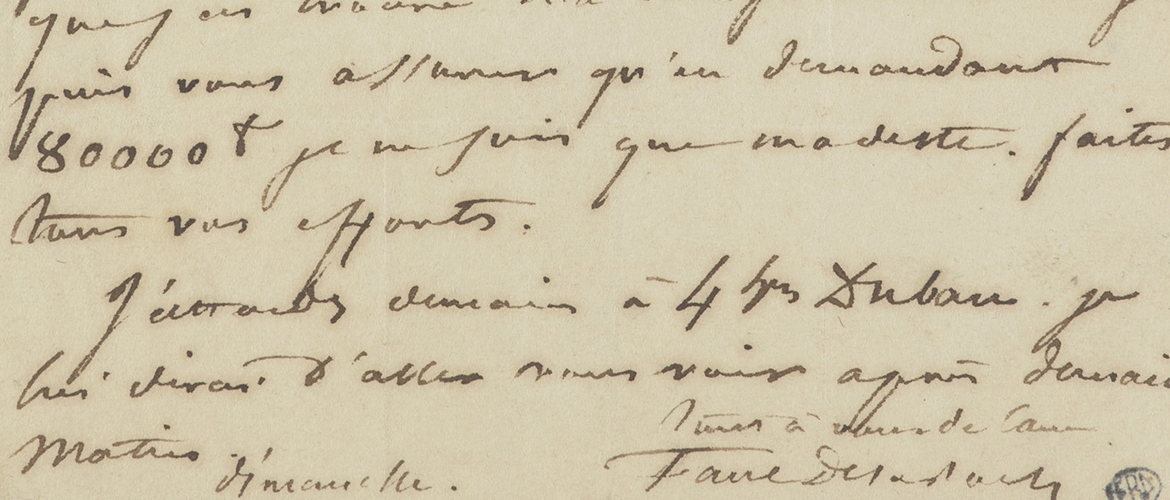 « Je viens de trouver un sujet magnifique pour l’Ecole des Beaux-Arts. Il est digne, je vous le jure... Paul Delaroche », lettre autographe sans doute adressée à son ami, M. Le Blanc, au sujet de la fresque murale de l’amphithéâtre d’honneur des Beaux-Arts de Paris, mars 1836, in-8°, Ms 862